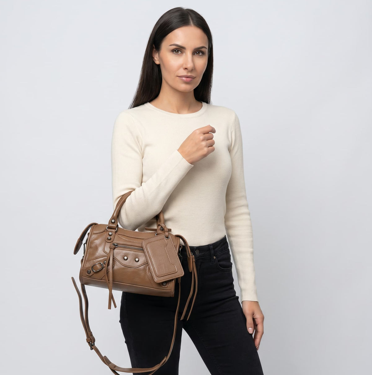 Sac à main bandoulière style moto simple à rivets - Donatella